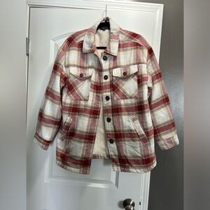 large, love tree, red and white plaid Shacket with fleece lining